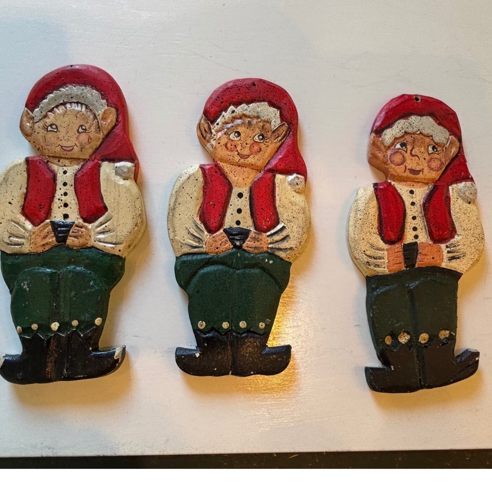Vintage Hand Painted Christmas Elf Ornaments Set of 3 Haiti Folk Art Decor Haiti